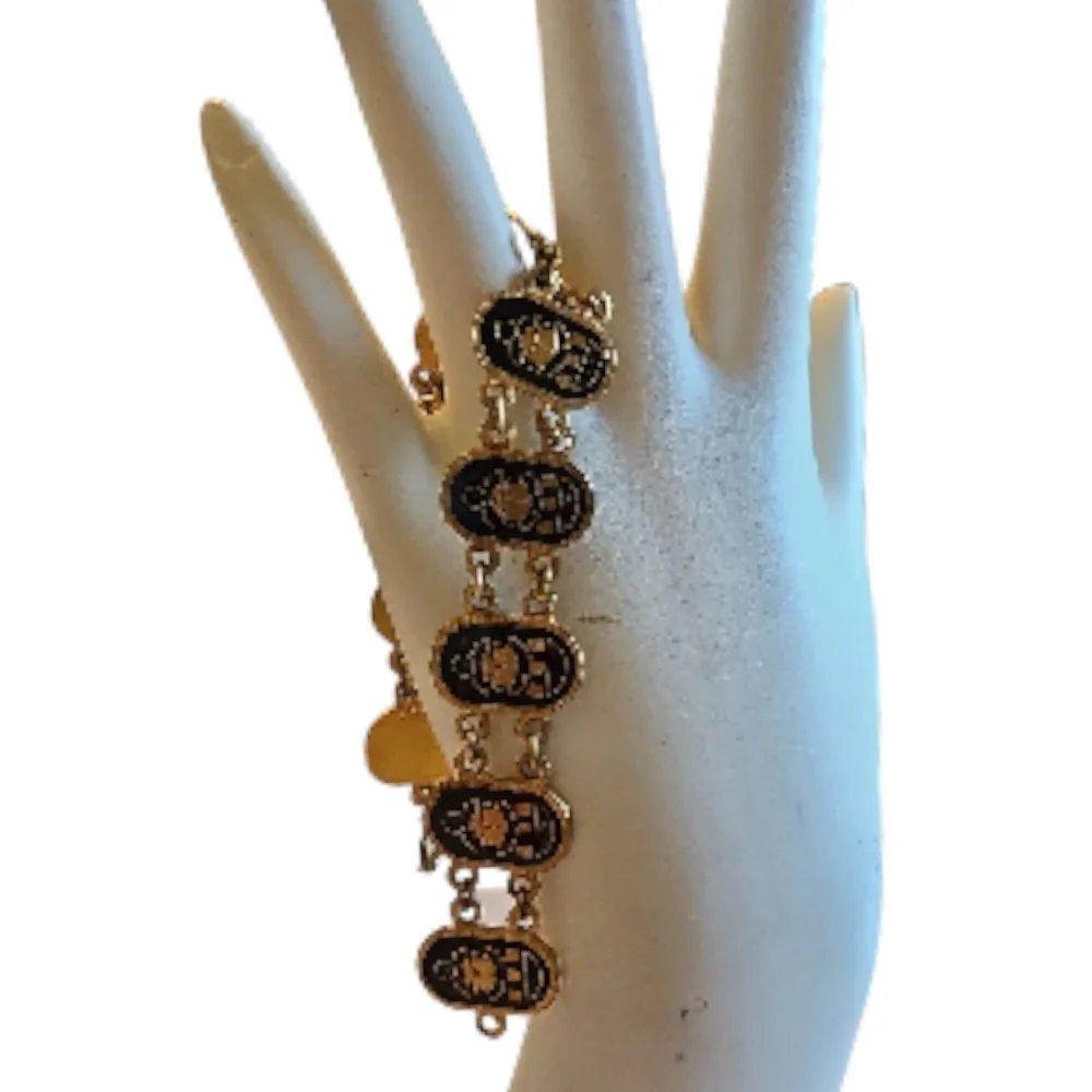 Egyptian Gold Tone & Blue Enamel Pendant Necklace & Bracelet